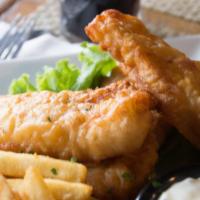 Fish & Chips · beer battered cod, crispy fries.