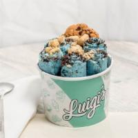 Cookie Monster · Blue Vanilla cream, Oreo Crunch, Cookie Dough and a Chocolate Chip Cookie.