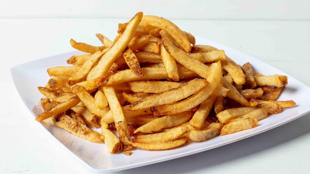 Hand-Cut Fries · Hand-cut, soaked overnight, and double fried, lightly salted. Vegan.