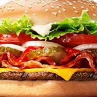 Beef Bacon Cheeseburger · Burger comes with Lettuce, Tomato, Onion, Pickle, Mayo & Ketchup.