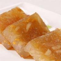 Pan Fried Sweet Cake With Water Chestnut 馬蹄糕 · Sweet jelly cake with shredded chinese water chestnut 
3 pieces
