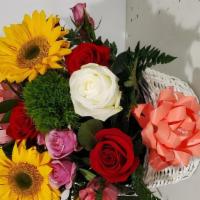  Beautiful Mixed Basket · BEAUTIFUL MIXED BASKET WITH SUNFLOWERS, RED, YELLOW, PINK ROSES