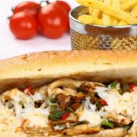 Mushroom Chicken Cheesesteak · Juicy marinated chicken, mushrooms, peppers, onions, cheese and fresh bread of your choice.
