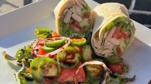 Chicken Wrap · Chicken with lettuce, tomato, and mayo; all wrapped in a tortilla. It comes with chips