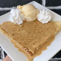 Dulce De Leche Cream Cheese Sauce Crepe · Our homemade crepe covered in a caramelly & creamy blend of dulce de leche and cream cheese.