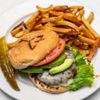 California Burger · Served with avocado and cheese with pickle, lettuce, tomato and choice of side.