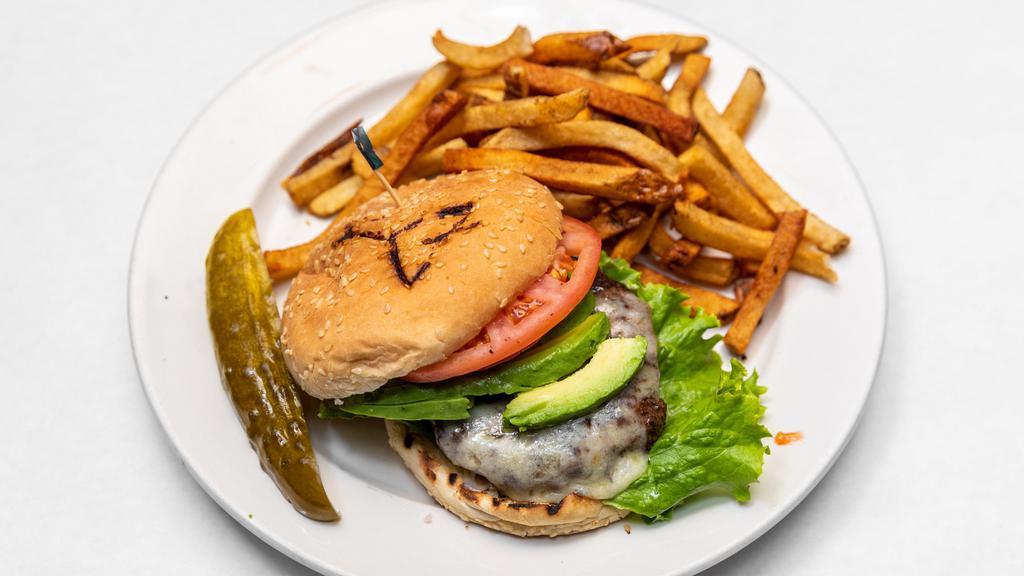 California Burger · Served with avocado and cheese with pickle, lettuce, tomato and choice of side.