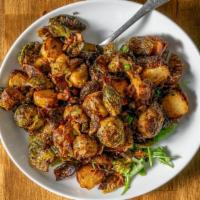 Brussels Sprouts · Roasted bacon scallion garlic oil. gluten free.