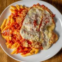 Chicken Parmesan (Organic Free Range) · Breast of chicken | panko | tomato | parmesan cheese | over pasta.