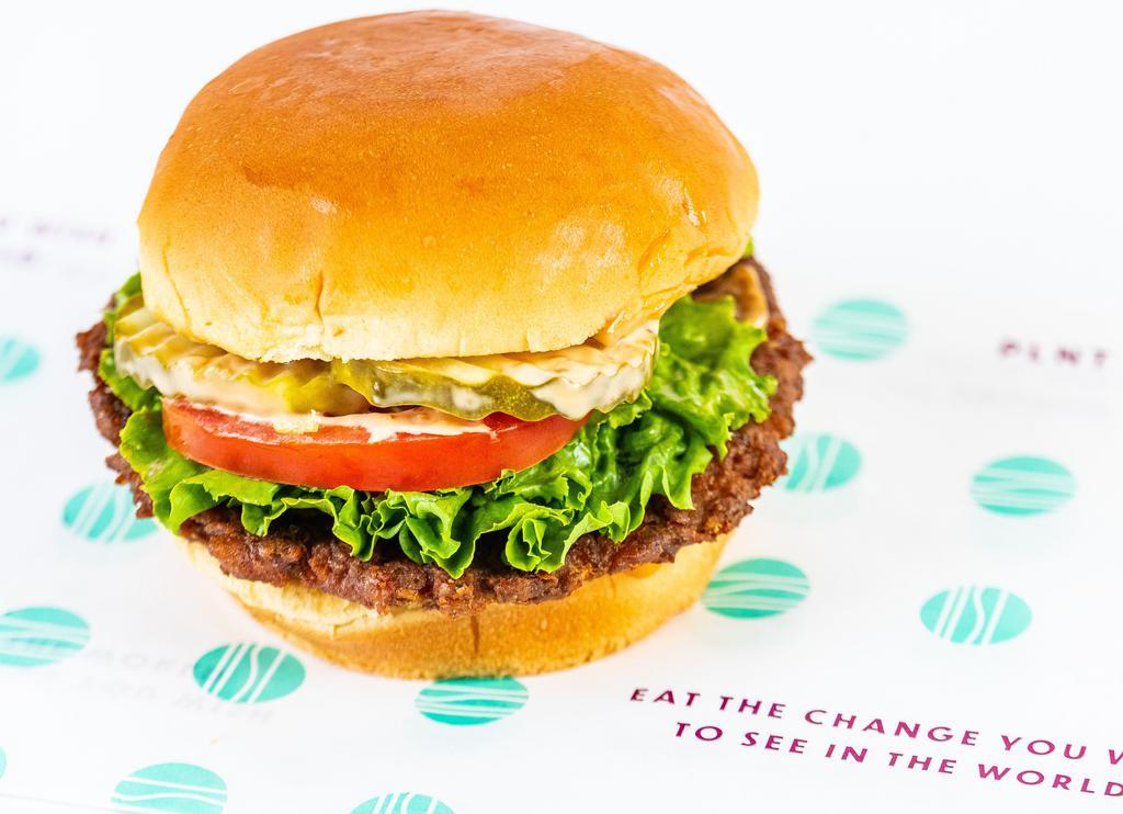 Plnt Burger · Beyond Meat Patty, Caramelized Onion, Pickles, Green Leaf Lettuce, Roma Tomato, PLNT Sauce, Potato Bun