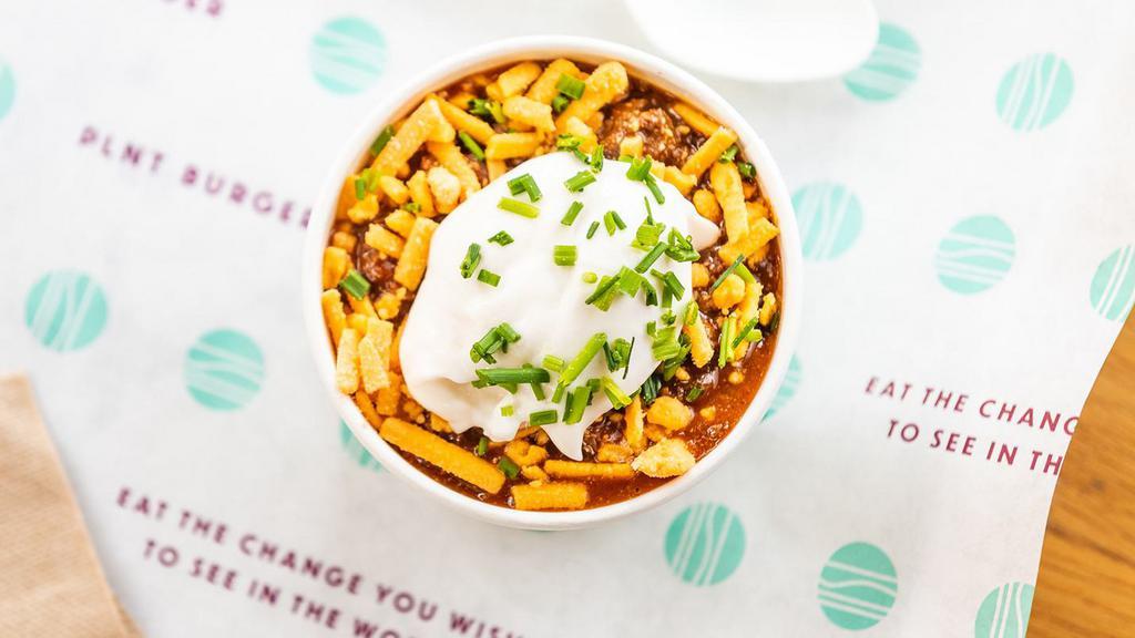 Plnt Chili Bowl · 12 oz. of our House-Made Beyond Meat Chili, NewFields Cheddar Shreds and Sour Cream, Green Onion