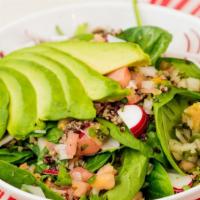 Avocado Quinoa · Fresh spinach, avocado, quinoa, radish & pico de gallo