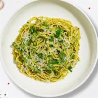 Dial P For Pesto Pasta · Fresh basil leaves, garlic, grated parmesan cooked with linguine.