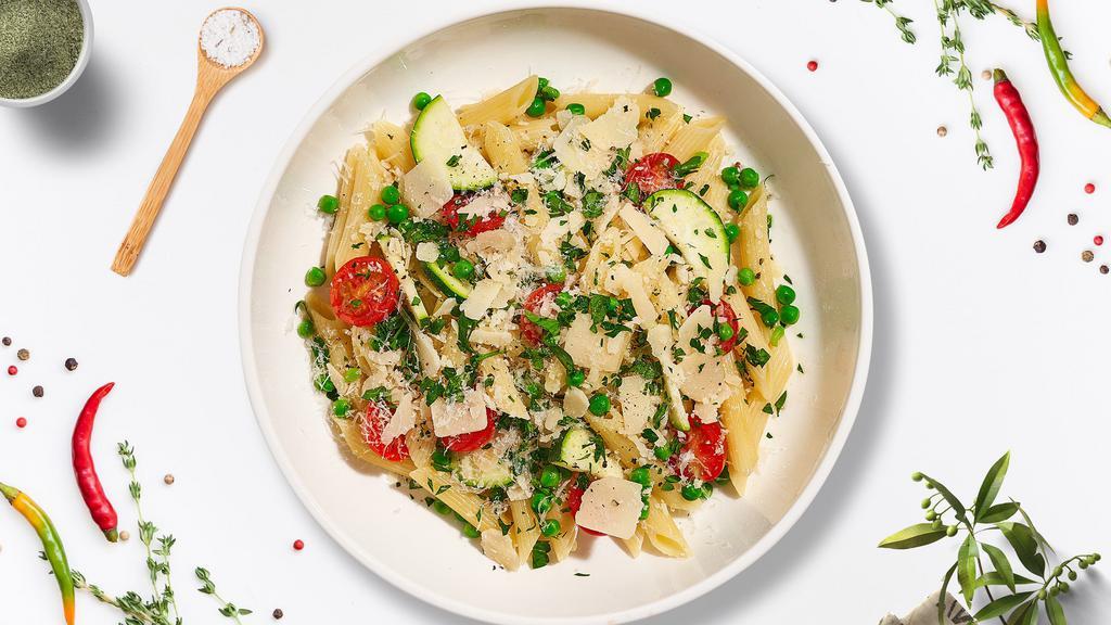Primarily Primavera (Penne) · Creamy tomato and white sauce blend cooked with penne.