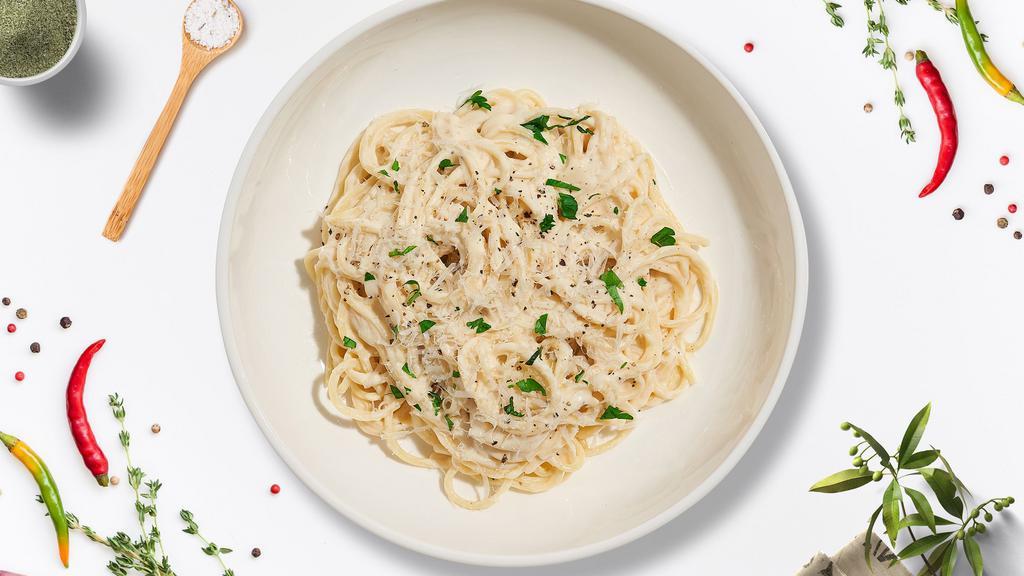 Don'T Be Alfredo The Dark Pasta (Linguine) · Linguini pasta cooked al dente tosses in creamy white sauce topped with grilled chicken and aged parmesan.