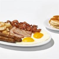 The Sampler · 2 eggs* your way, 2 hickory-smoked bacon strips, 2 sausage links, 2 slices of country ham, c...