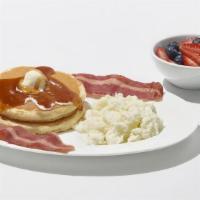 Flip'D & Fit · 2 scrambled egg whites, 2 strips of turkey bacon, side of fruit & 2 buttermilk pancakes
