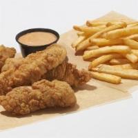 All-Natural Chicken Strips & Fries · 4 all natural crispy chicken strips with French fries served with dipping sauce