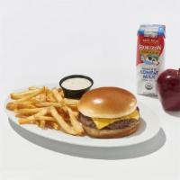 Cheeseburger · Black Angus steakburger with American cheese on a bun served with a piece of fresh fruit and...