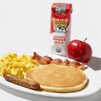 Pancake Combo · One buttermilk pancake served with 1 scrambled egg, 1 sausage link and 1 hickory-smoked baco...
