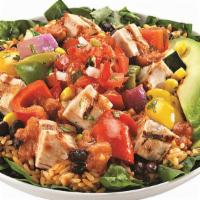 California Sunset Bowl · Grilled mesquite chicken and farm-fresh veggies on a bed of spinach, rice and black beans wi...