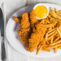 L13 Chicken Tenders W/Fries · Chicken tenders served with Grilled Vegetables, french fries, lemon potatoes, or rice, toast...