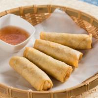 Spring Rolls · Cabbage, carrot, and glass noodle. Served with sweet chili sauce. VG
