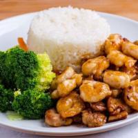 Chicken & Shrimp · Served with Steamed Rice and Mixed Vegetables. 700 Cal.