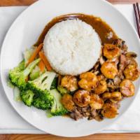 Beef & Shrimp · Served with Steamed Rice and Mixed Vegetables. Comes with Mushroom. 630 cal.