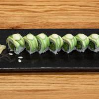 Green Garden Roll · Asparagus, Japanese cucumber, shiso leaves topped with avocado, wasabi mayo.