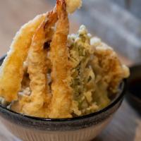Ten Don (Tempura) · Deep-fried shrimps, kabocha pumpkin, eggplant, sweet potato, shishito, dashi broth.