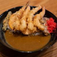 Shrimp Curry (Tempura) · Shrimp Tempura with Homemade curry, served with white rice, fried onion, scallion and Beni S...