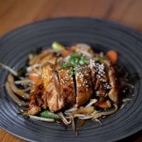 Teriyaki Chicken · Grilled chicken with Sauteed cabbage, onion, shitake mushroom, asparagus, beansprout, scalli...