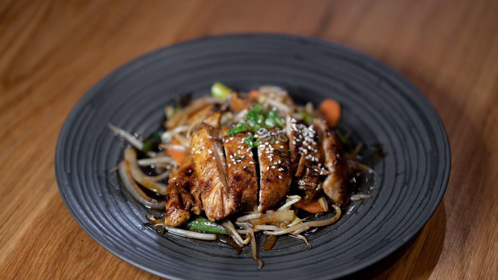 Teriyaki Chicken · Grilled chicken with Sauteed cabbage, onion, shitake mushroom, asparagus, beansprout, scallion, carrot, sesame seed served with white rice.