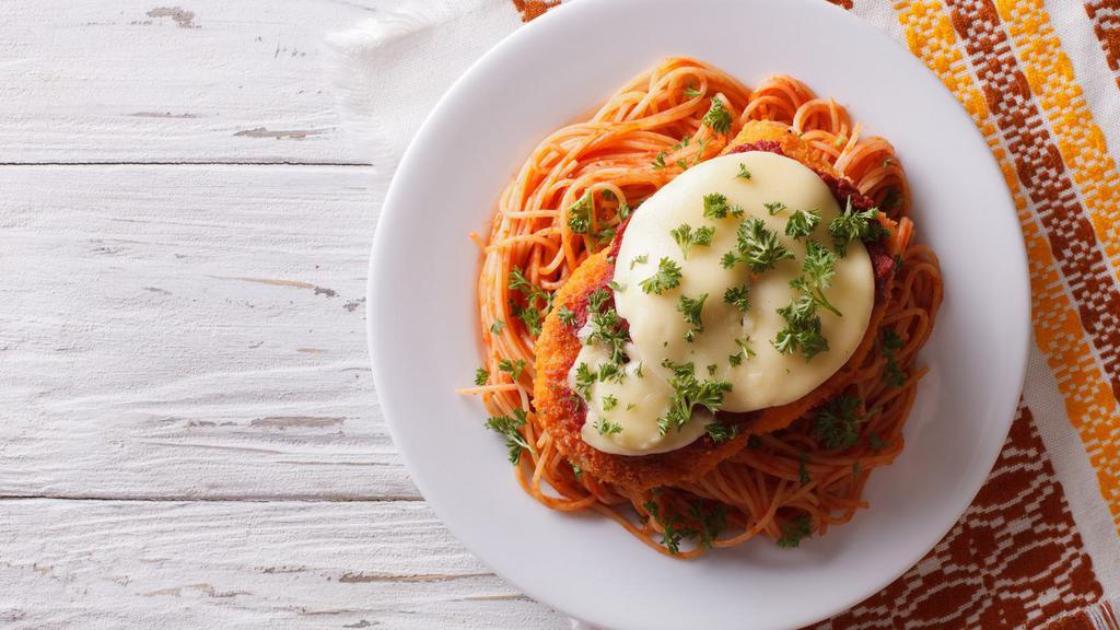 Chicken Parmigiana · Chicken breast and mozzarella cheese, served over Customer's choice of pasta with marinara sauce.