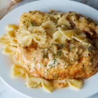 Veal Francese · Veal scallopini served over a white wine lemon sauce with Customer's choice of pasta.