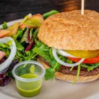Vegan Impossible Burger · Vegan. 100 % vegan veggie protein, arugula, tomatoes, onions, pickles, chipotle mayo stuffed...