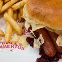 Hot Dog $ Jelly · Hot Dog , chips & Jelly on a brioche bun ,comes with fries