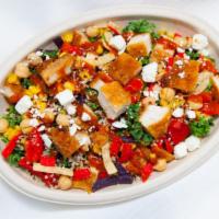 Greek Med Quinoa Bowl · Organic quinoa, capers, kale, chickpeas, kalamata olives, feta, cherry tomatoes, tri-color p...