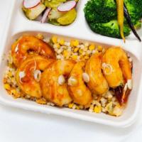 Teriyaki Shrimp Quinoa Bowl · Shrimp, daikon, Napa cabbage, kale, carrots, scallions and broccoli tossed with very teriyak...