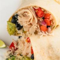 Arriba Healthy Turkey Burrito · Rice, beans, turkey, avocado, sprouts, shredded lettuce, pico de gallo, salsa, sour cream, g...