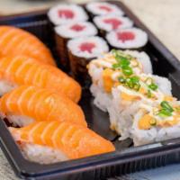 Salmon Nigiri Bento · 4pcs salmon nigiri, 6pcs Ahi teka maki, 3pcs spicy ahi roll.