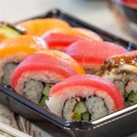 Rainbow Maki · Ahi, Salmon, Unagi, Cucumber, Avocado, Crab, Mayonnaise.