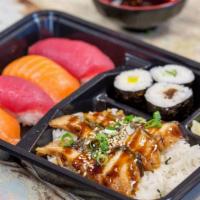 Unagi Bento · Eel. Unagi on Rice, 2 salmon nigiri, 2 ahi nigiri, 3pcs hosso maki.