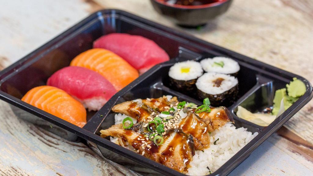 Unagi Bento · Eel. Unagi on Rice, 2 salmon nigiri, 2 ahi nigiri, 3pcs hosso maki.