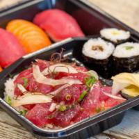 Ahi Poke Bento · Ahi Poke on Rice, 2 salmon nigiri, 2 ahi nigiri, 3pcs hosso maki.