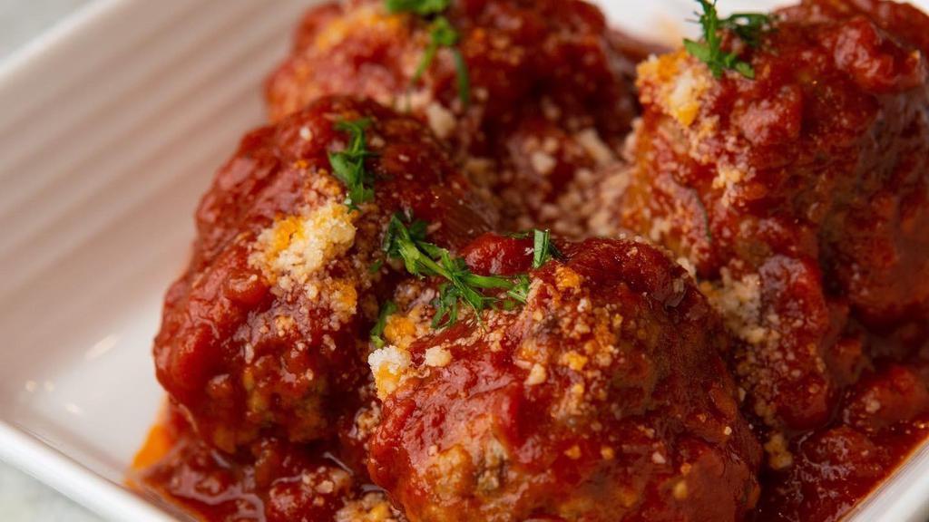 Polpette · 5 piece veal and beef meatballs, tomato sauce, parmigiano.