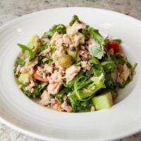 Tonno · Rucola, tuna in oil, red onion, cucumber, capers, olives ,cherry tomatoes, olive oil lemon d...
