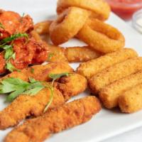 Mikie'S Appetizer Platter · Wings, mozzarella sticks, chicken tenders and onion rings with pairings of dipping sauces.