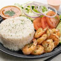Grilled Shrimp Platter · Grilled shrimp. Includes rice, beans and mixed greens.